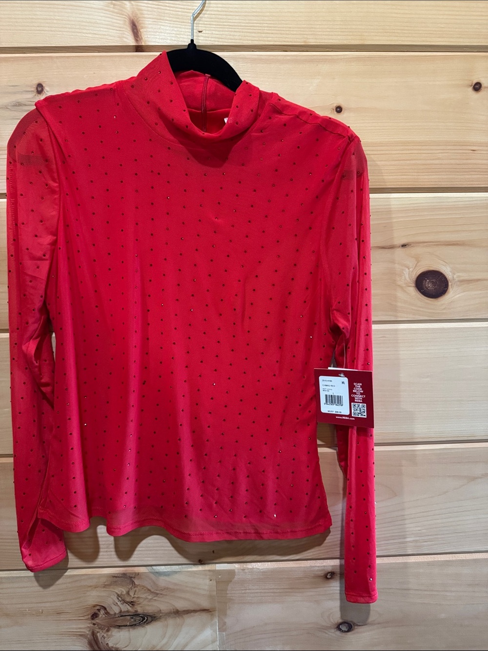 Reba Red Mock Neck Long Sleeve Top with Subtle Dot Detail